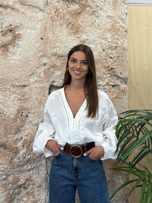 CAMISA BLANCA MANGA FAROL BORDADA