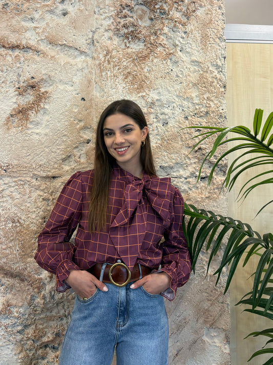 CAMISA LAZADA MORADA CUADROS NARANJA