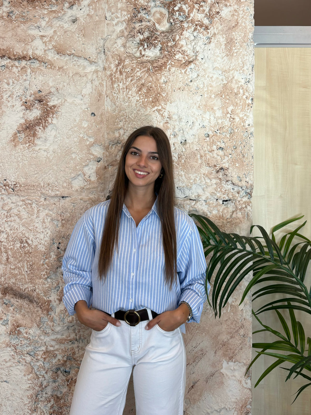 CAMISA OVERSIZE OXFORD RAYAS CELESTE