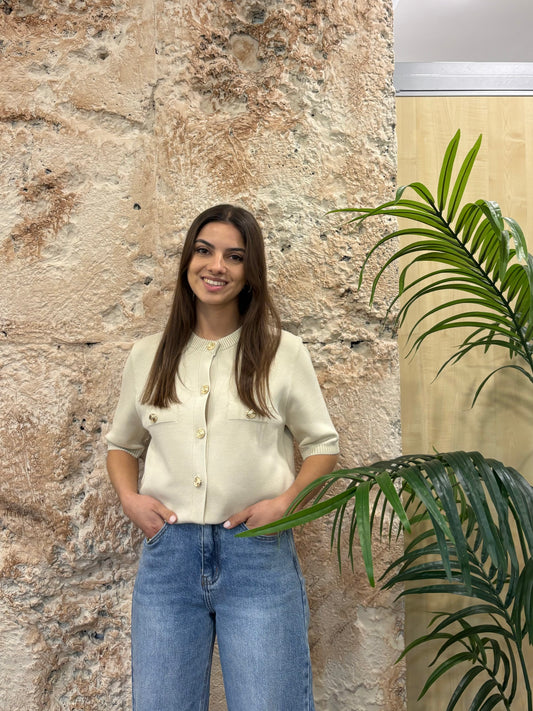 CARDIGAN MANGA CORTA BOLSILLO BEIGE