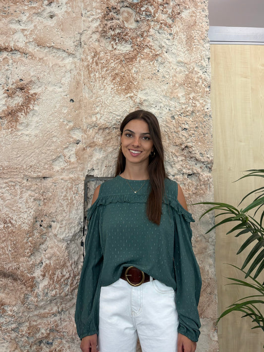 BLUSA VERDE GLITTER HOMBRO DESCUBIERTO