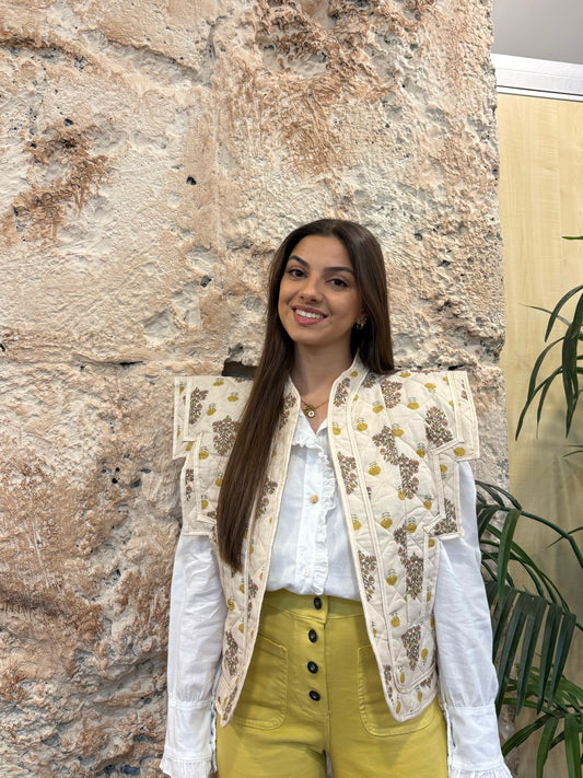 CHALECO CUADRADO ESTAMPADO BEIGE-VERDE