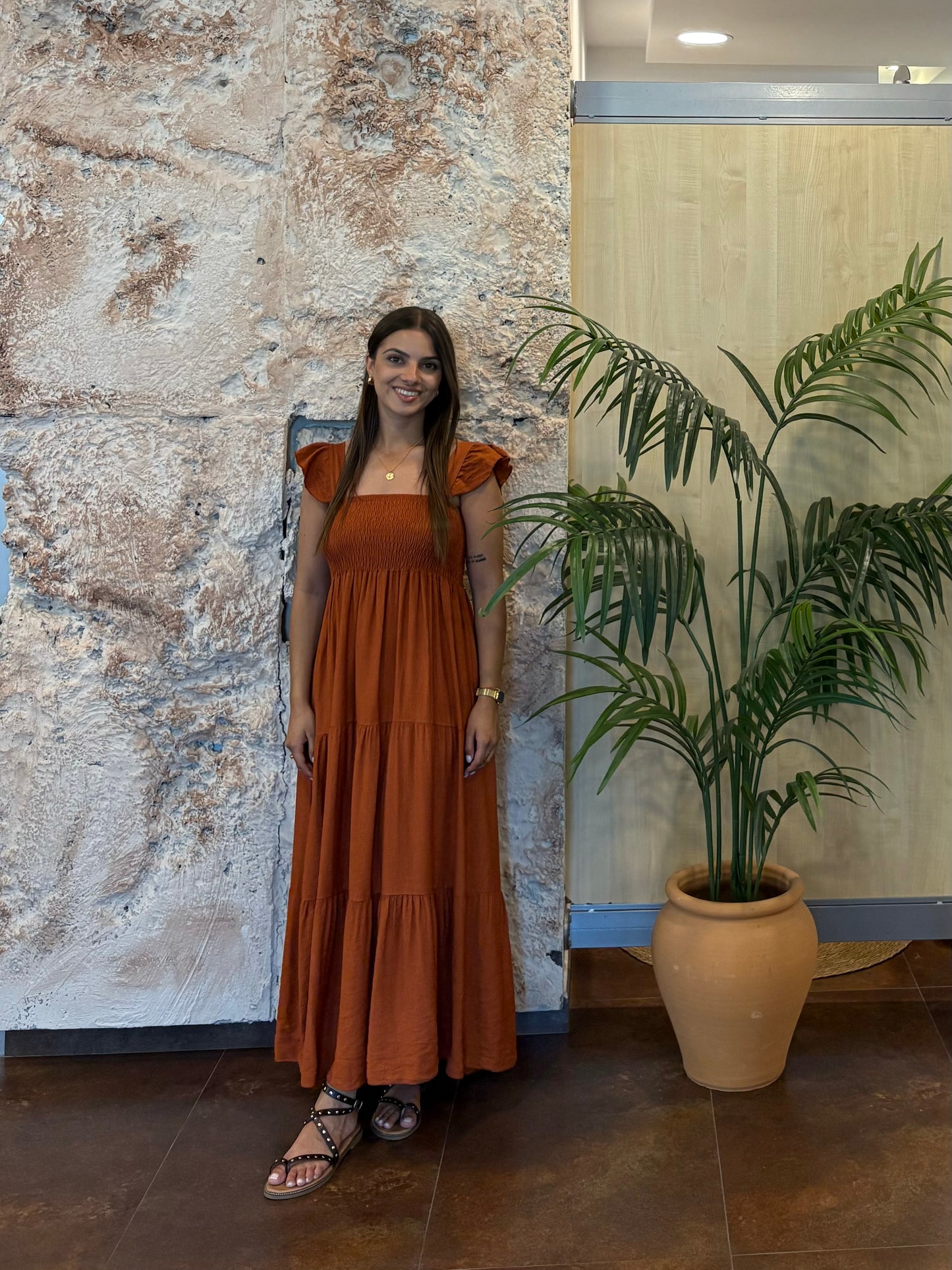 VESTIDO PANEL DE ABEJA  TIRANTE VOLANTE TEJA