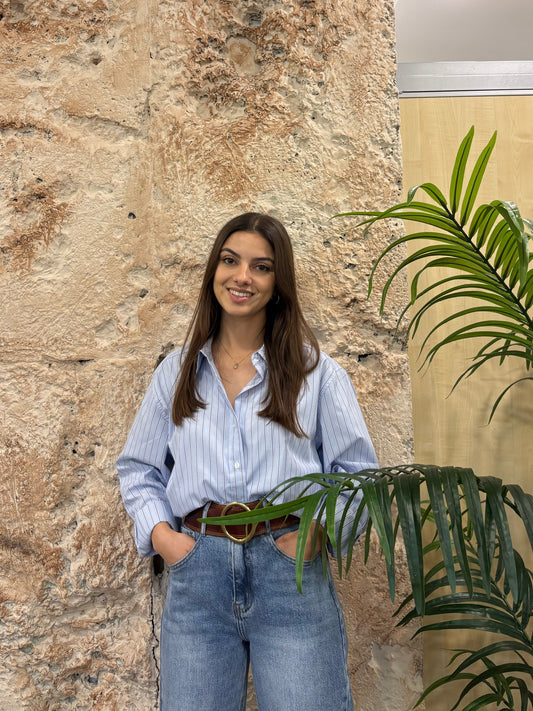 CAMISA OVERSIZE OXFORD RAYAS CELESTE-MARINO