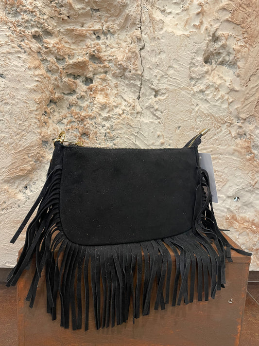 BOLSO PIEL NEGRO FLECOS BANDOLERA