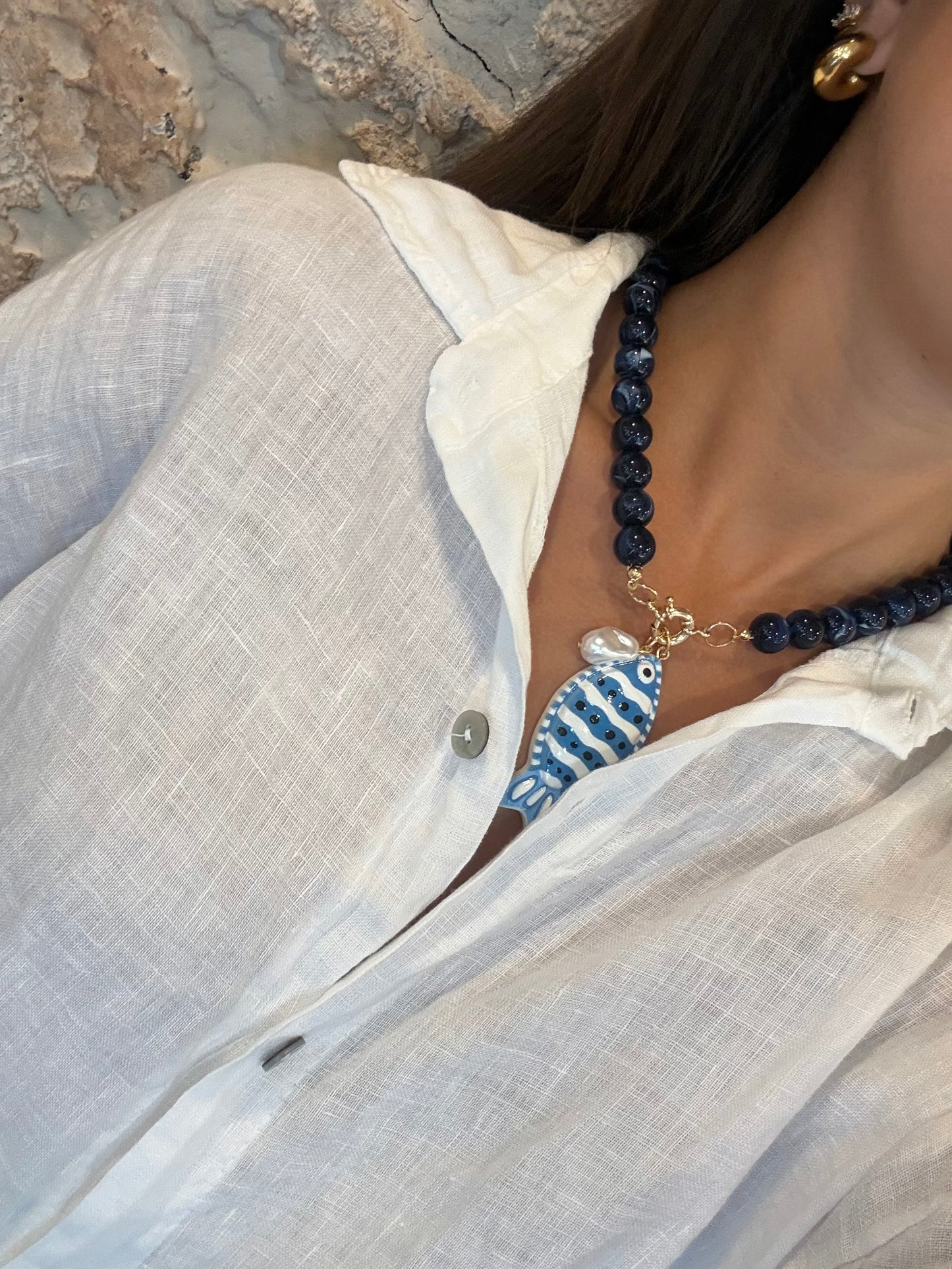 COLLAR BOLAS AZUL ABALORIO PEZ RAYAS CELESTE