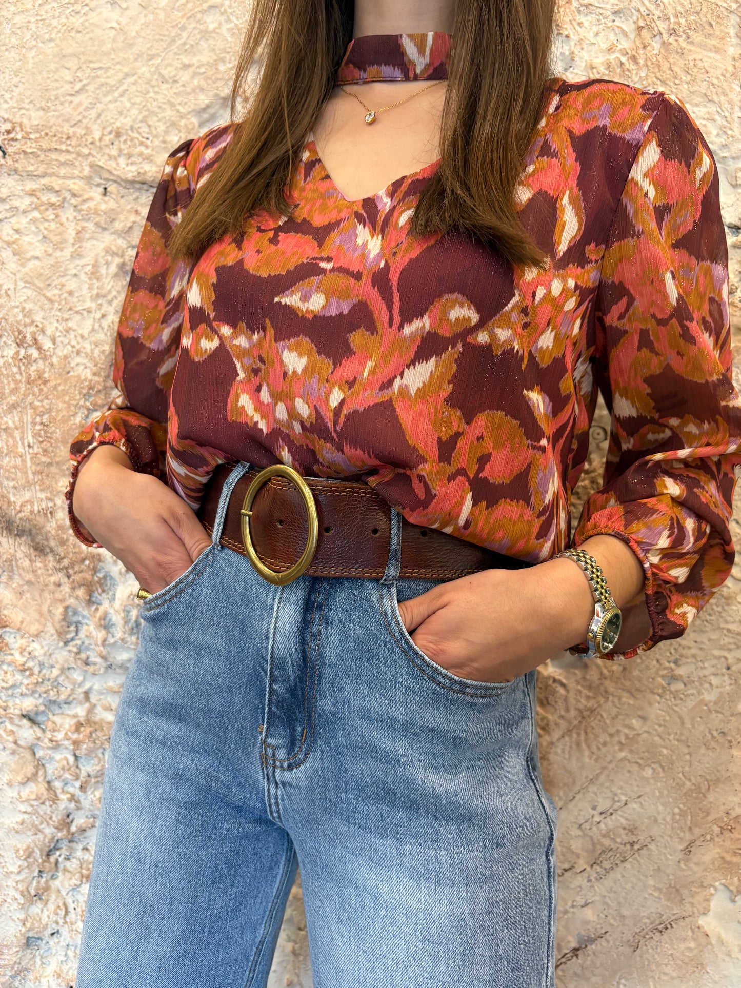 BLUSA MORADA ESTAMPADA CUELLO HALTER