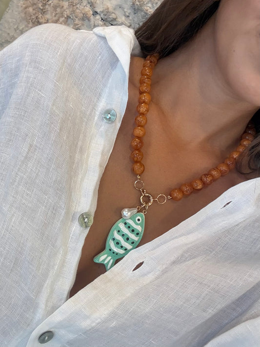COLLAR BOLAS TEJA ABALORIO PEZ VERDE AGUA