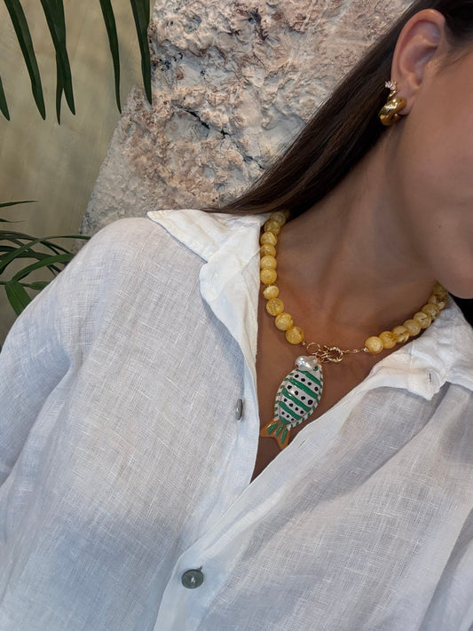 COLLAR BOLAS AMARILLO ABALORIO PEZ RAYAS VERDE