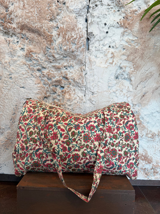 BOLSO VIAJE BEIGE CON FLORES ROSAS
